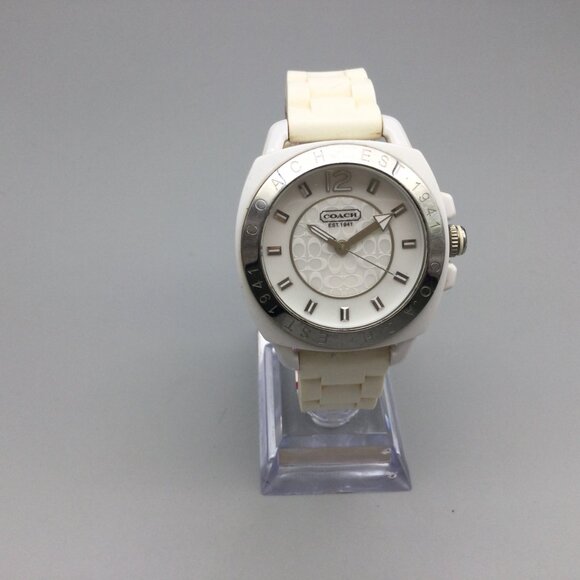 Coach Watch Women 42mm Silver Tone Logo Dial White Band New Battery main image 16